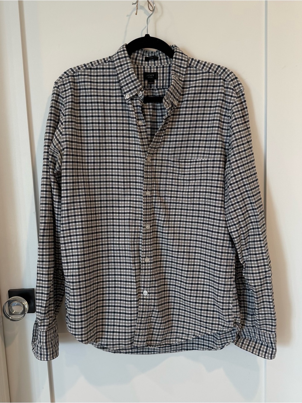 J. Crew Men’s Button-Down Plaid Shirt in navy and grey